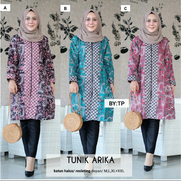 Tunik Arika Batik Zipper Warna Midi Casual Seragam Muslim Kantor Kerja Kondangan Modern Cantik Pesta