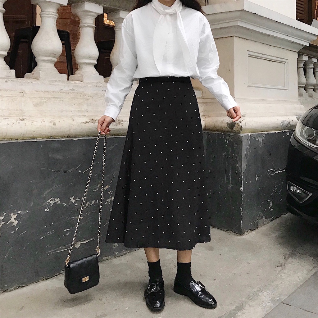 Versi Korea Fashion Chic Retro Pinggang Tinggi Hitam Polka Dot A-line Rok Wanita