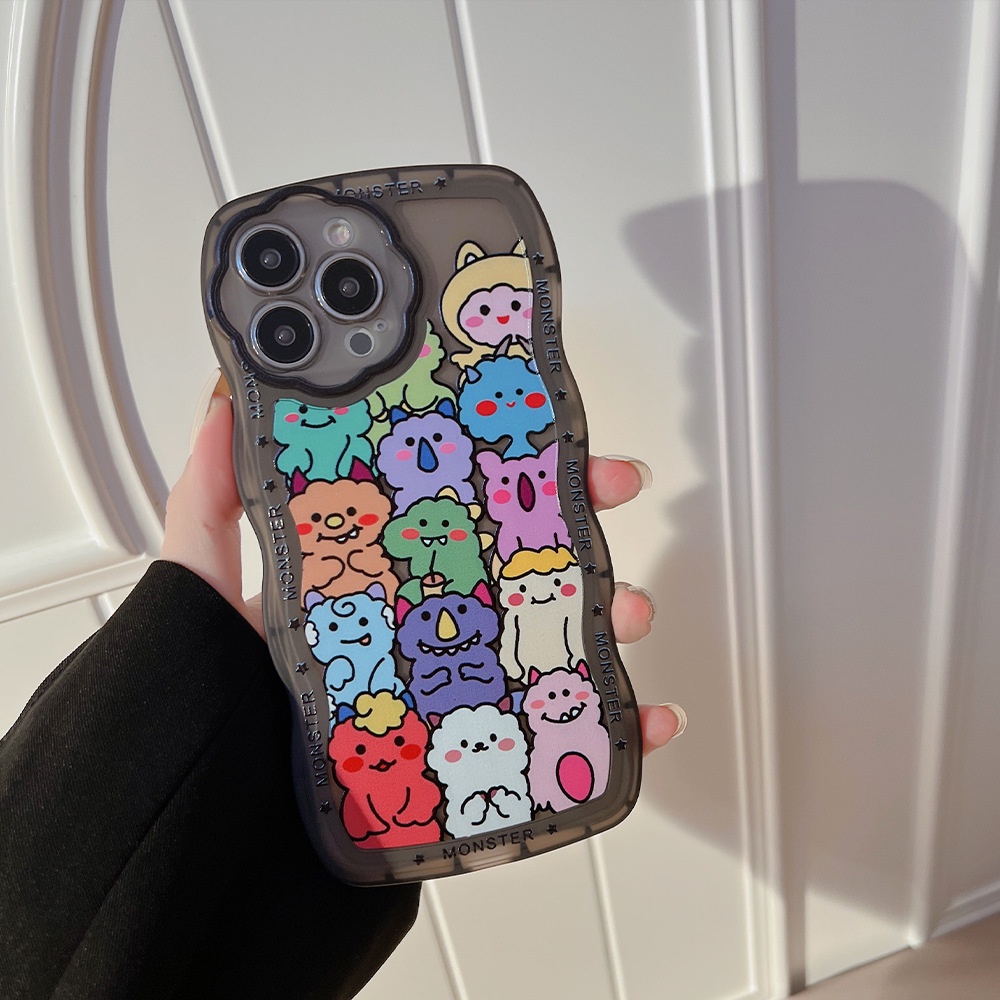 IPHONE Kartun Monster Transparan Hitam Bunga Pelindung Lensa Kamera Ponsel Case Cover Dengan Manik-Manik Rantai Untuk Iphone7 8 PLUS X XR XS 11 12 13 14 PRO MAX SE 2020