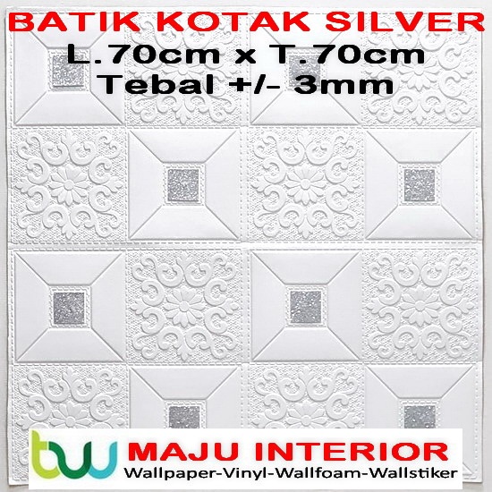 Wallpaper Dinding 3D Foam 70 x 70 cm Motif Batik Stiker-Kotak Silver 3mm