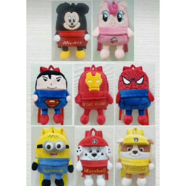 Tas ransel boneka superman spiderman ironman avengers impor minion paw patrol kids mickey kuda pony