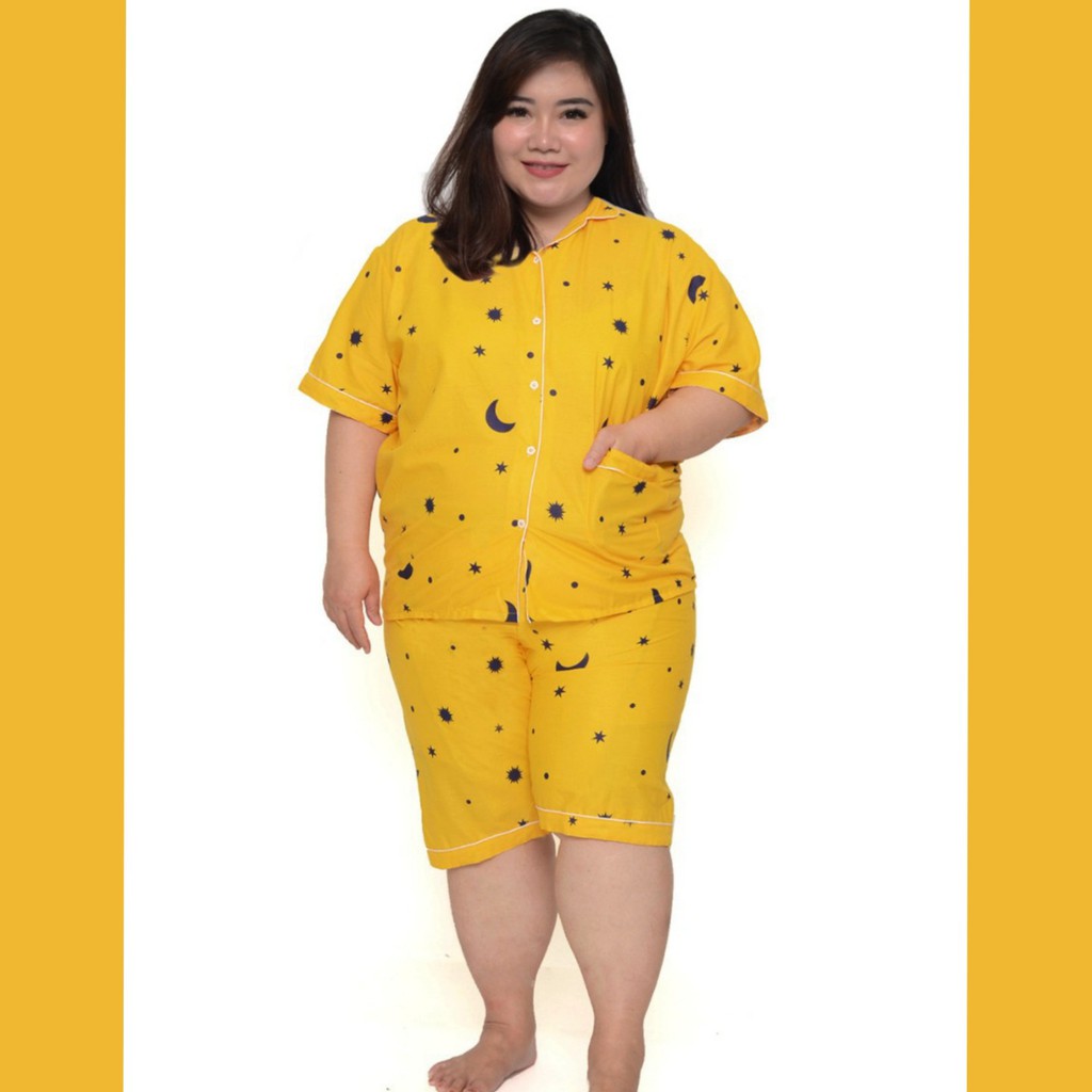 Piyama jumbo celana pendek/hotpant big size LD 130 / set baju tidur lengan pendek karakter cewek-HPJ/5L BULAN KUNING