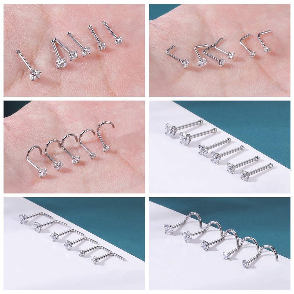 3-12Pcs/lot Stainless Steel Nose Piercing Set Star Heart Crystal Nose Studs L-Shape Nose Stud Nostril Piercing Body Jewelry 20G