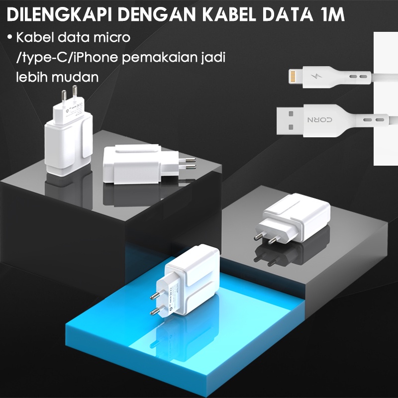 【Murah+COD】CORN QE012 2.4A Dual USB Charger Travel Adaptor Kabel 3A untuk Samsung Iphone vivo