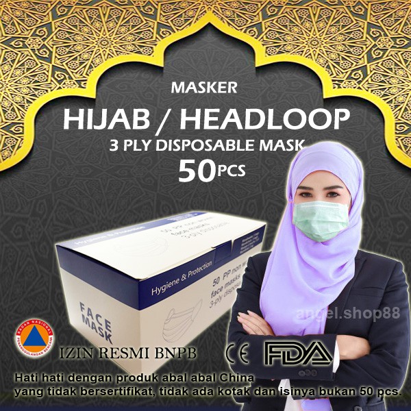 Masker Hijab  3  Ply  Medis Bedah Headloop 3Ply Disposable 