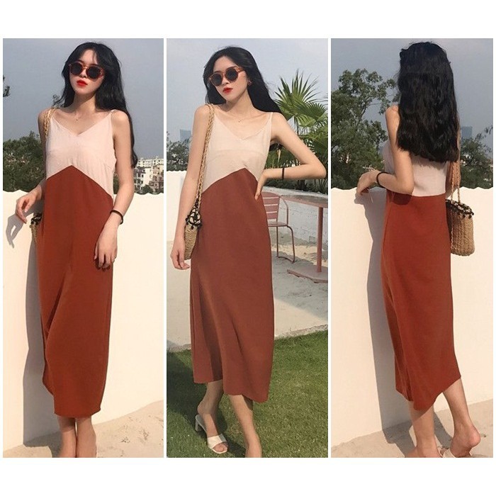[baju wanita korea]  Long Dress Midi Wanita Katun Korea Import Orange Blue Biru