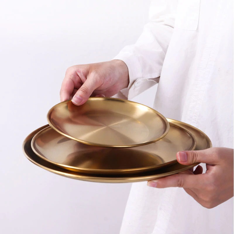 HS8 Piring Makan Nampan Estetik Nordic European Style Silver Gold Mewah  Stainless Steel baki 26 cm 20 cm sntp0016 golden Or-i