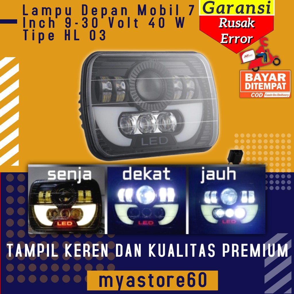 Lampu Depan Mata Mobil 7 Inch 9-30 Volt 40 W Tipe HL 03 Terang  Bercahaya Premium