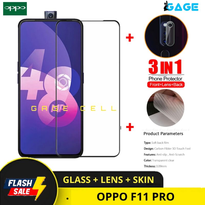 PAKET 3IN1 TEMPERED GLASS LAYAR KAMERA SKIN CARBON OPPO F11 PRO TG ANTI GORES FULL SCREEN PROTECTOR