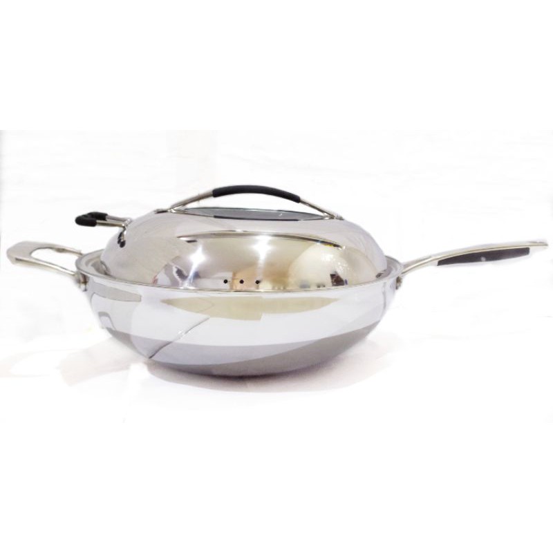 A1 Kuali Stainless Steel Tebal Model Tutup Elegan Wok Pan Stainless 32Cm Tutup Kaca