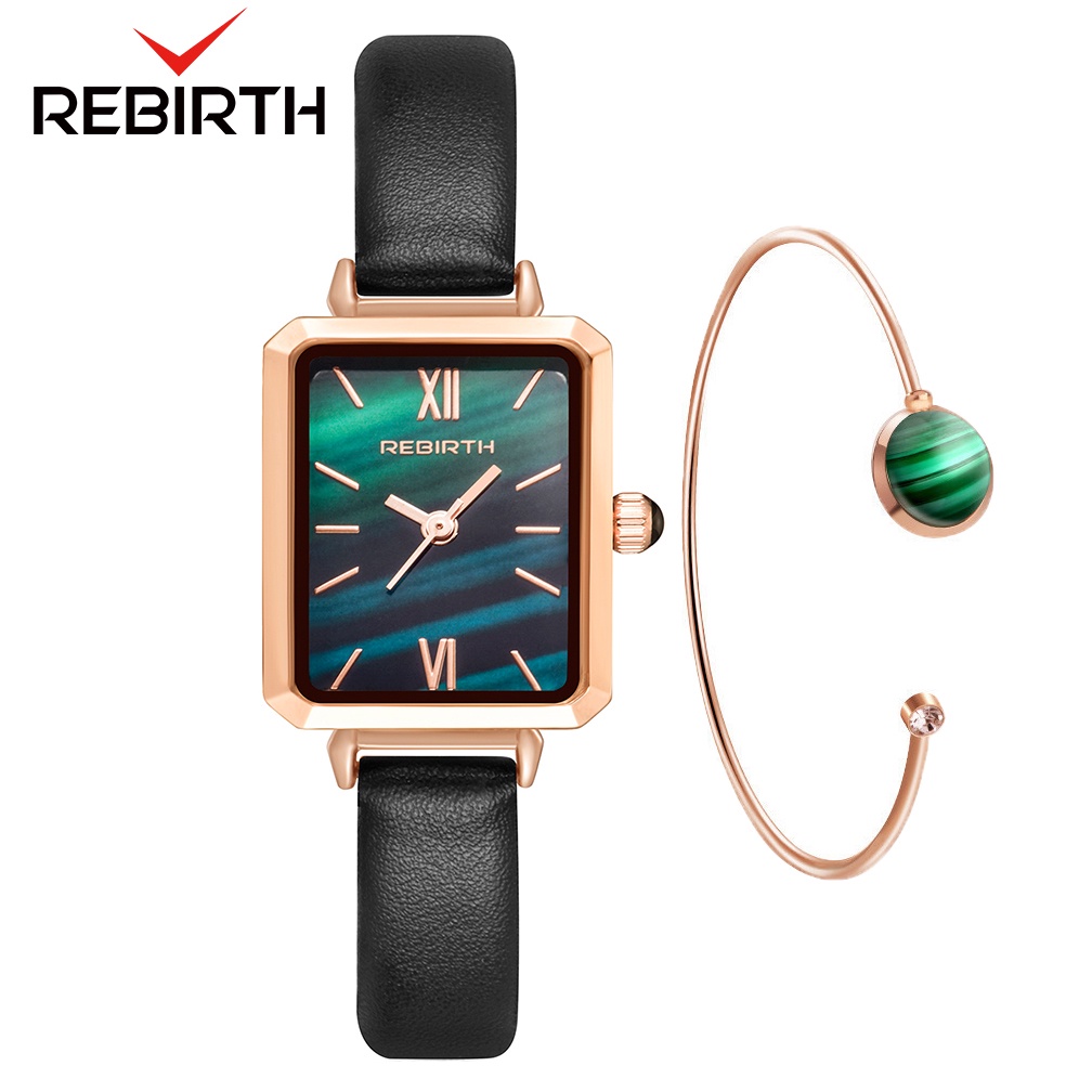 REBIRTH Jam Tangan Wanita Santai Mode Gaya Hijau Tali Kulit Jam Tangan Cewek-hijanu+Gelang