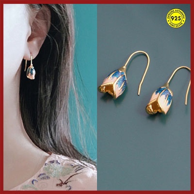 Anting Kait Desain Bunga Kecil Bahan Sterling Silver Lapis Emas 18K Untuk Wanita