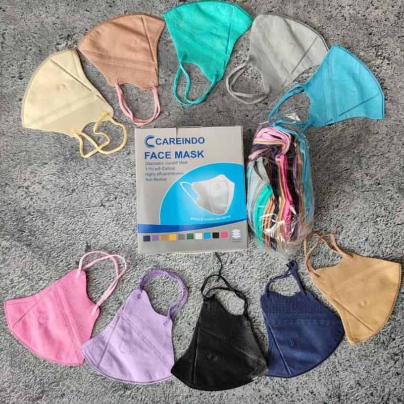 Duckbill CAREINDO Mix Isi 50 Pcs - Masker Duckbill 3PLY Garis Embos Warna Warni