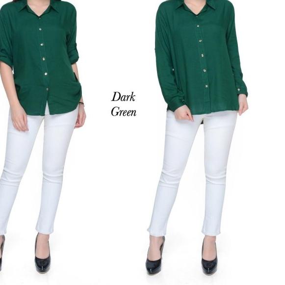 Atasan Kemeja Wanita Basic Rayon Hijau Botol fit to XL ☛