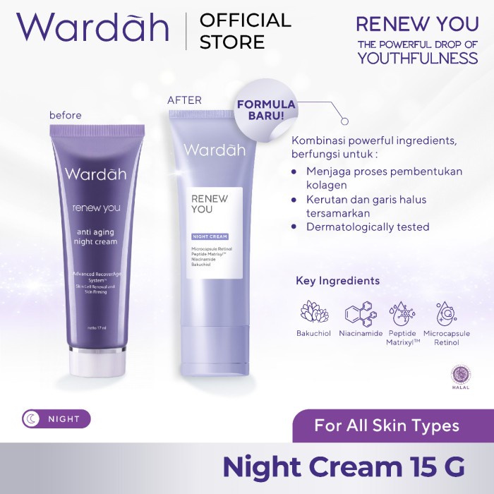 Wardah Renew You Anti Aging Night Cream 10ml 15ml  30ml | Wardah Anti Aging Krim Malam