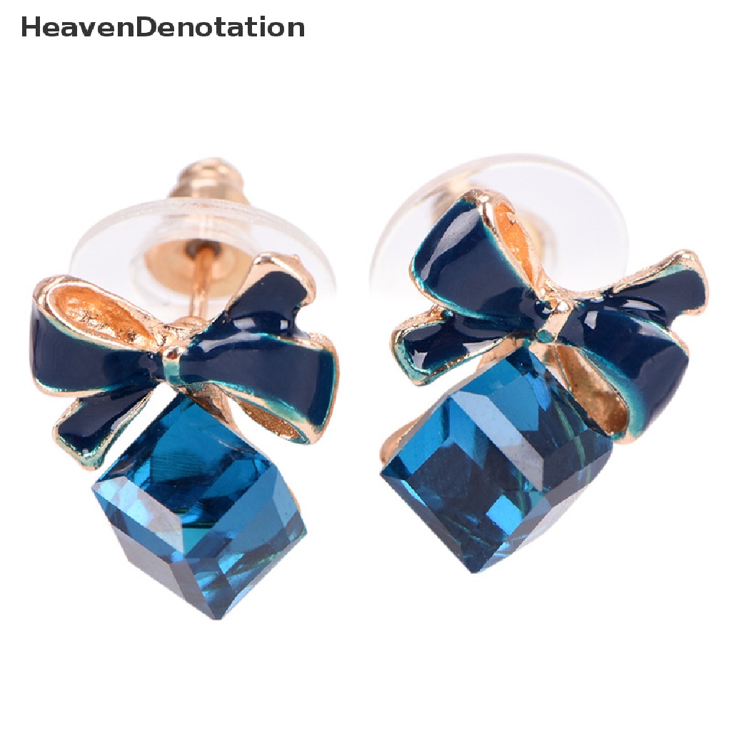 Anting Stud Desain Pita Aksen Kristal Berlian Imitasi Warna Biru Untuk Wanita