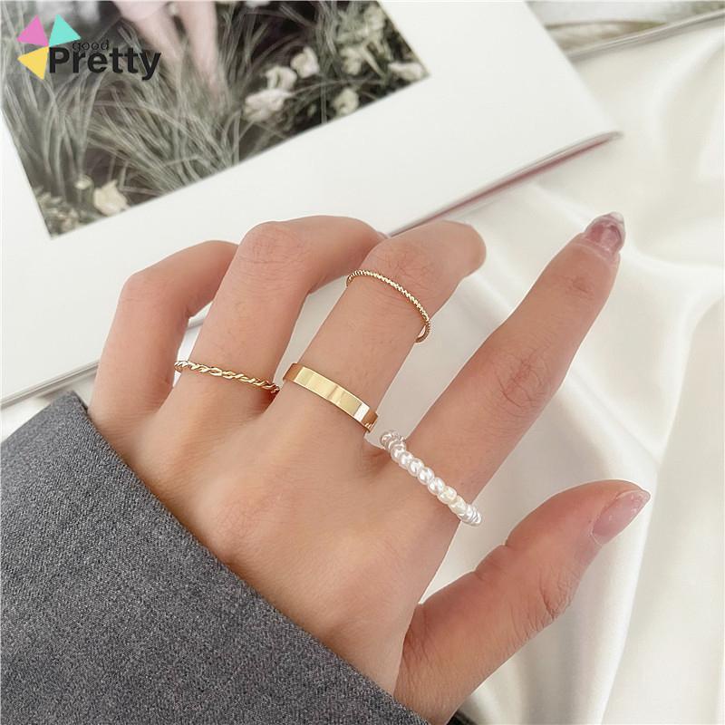 Korea Wanita Mutiara Cincin Wanita Emas Cincin Logam Set Fashion Perhiasan Aksesoris - PD