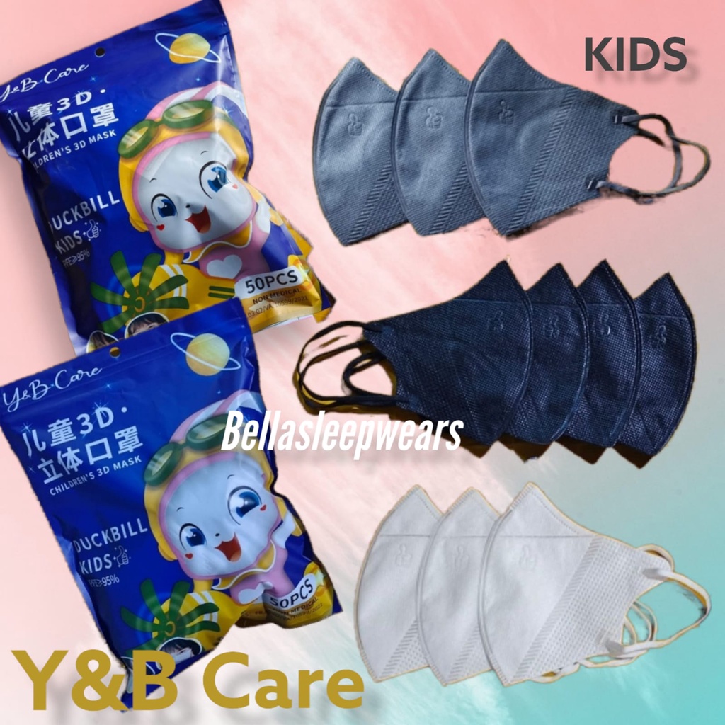 YB KIDS DUCKBILL GARIS ISI 50 PC - MASKER DUCKBILL Y&amp;B CARE ANAK EMBOS THUMB JEMPOL KOREAN BRANCH 3PLY KEMENKES PUTIH HITAM ABU WARNA