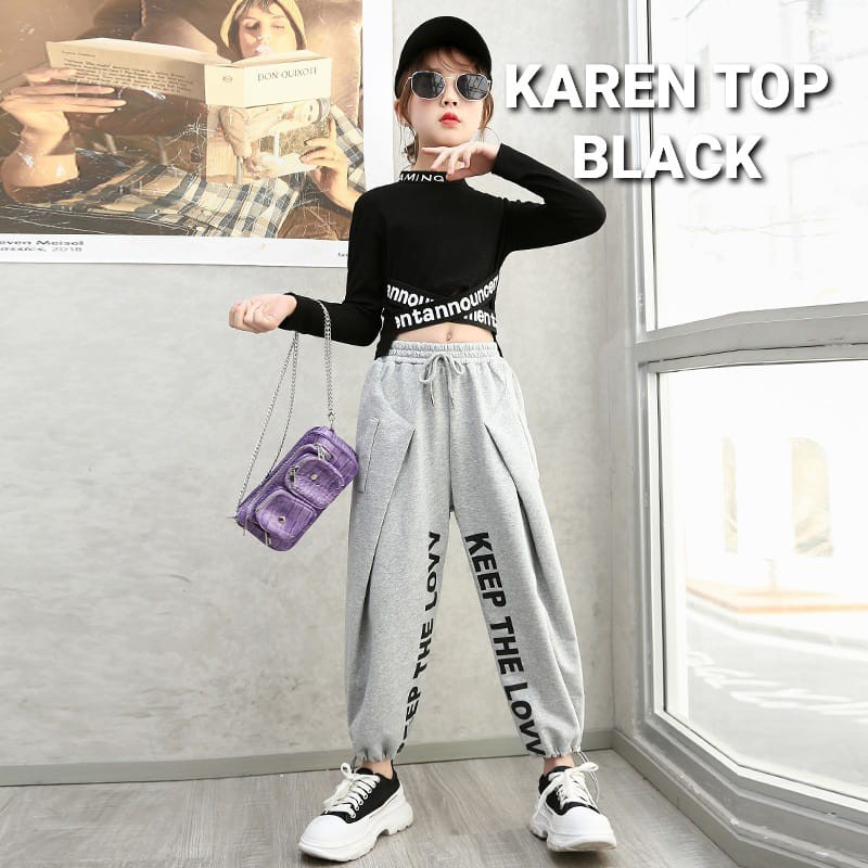 KAREN TOP BLACK / BAJU CASUAL ANAK PEREMPUAN / CROP TOP REMAJA KOREA IMPOR BLACK HIP HOP