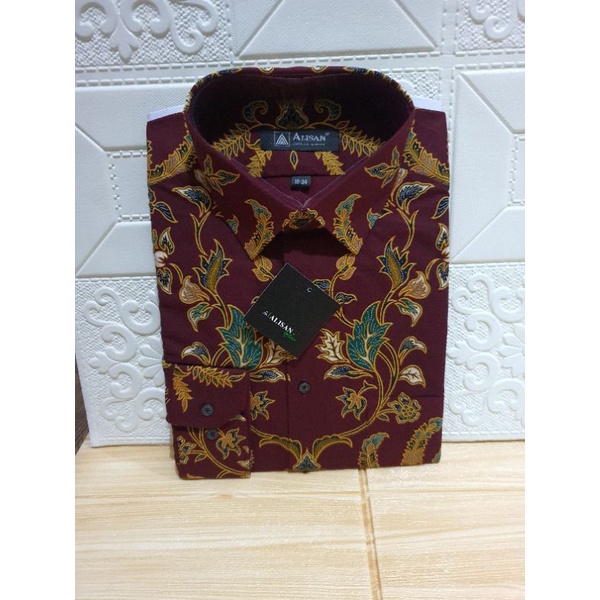 Kemeja Batik Alisan Merah Marun Reguler Non Slimfit Tangan Panjang size 16