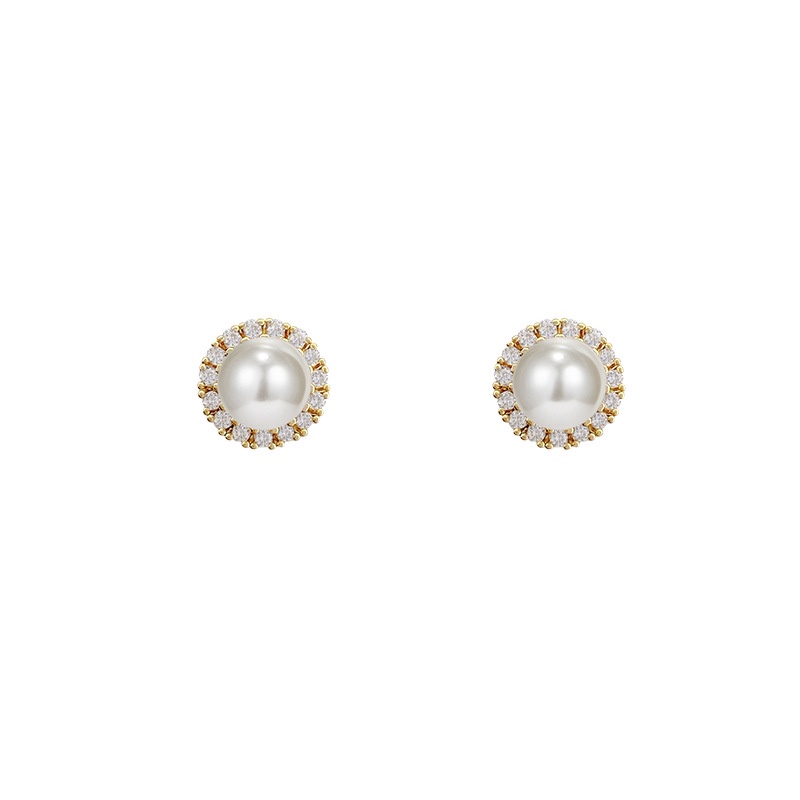 Anting Stud 925 silver needle Bentuk Lingkaran Aksen Mutiara Berlian