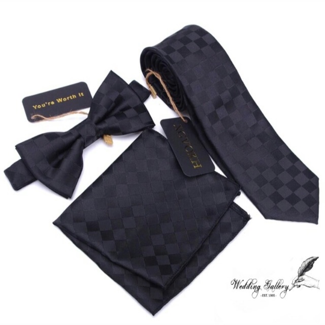 Gift set motif hitam LV isi dasi kupu bowtie, dasi panjang longtie, handkerchief pocket square
