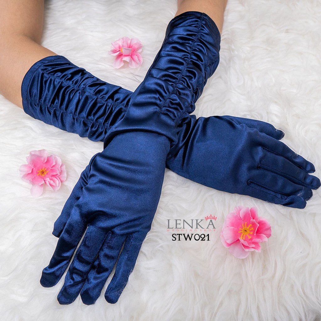 [BISACOD] AKSESORIS SARUNG TANGAN WANITA PESTA WEDDING GLOVES NAVY SATIN STW021