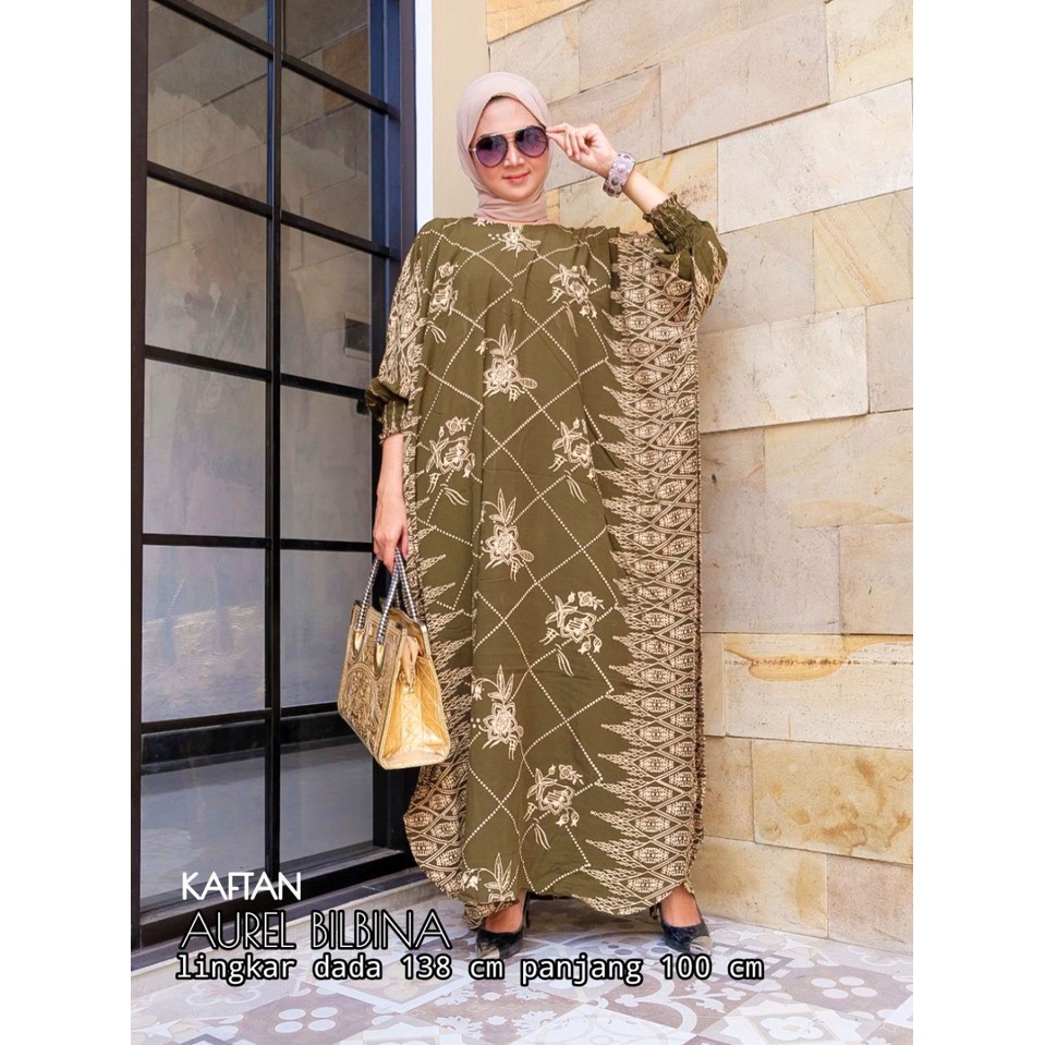 Kaftan Aurel Bilbina - Kaftan Wanita Jumbo Katun Rayon Batik Premium Busui Dress Gamis Batik Bigsize Fashion Muslim Kekinian LD 138  cm