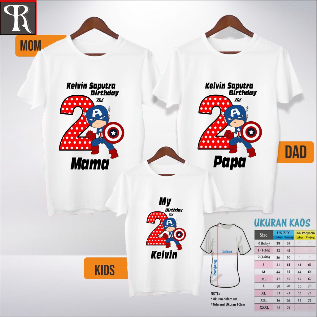 BAJU KAOS COUPLE FAMILY|BAJU KAOS COUPLE ULANG TAHUN TEMA CAPTAIN AMERICA | BISA REQUEST TULISAN