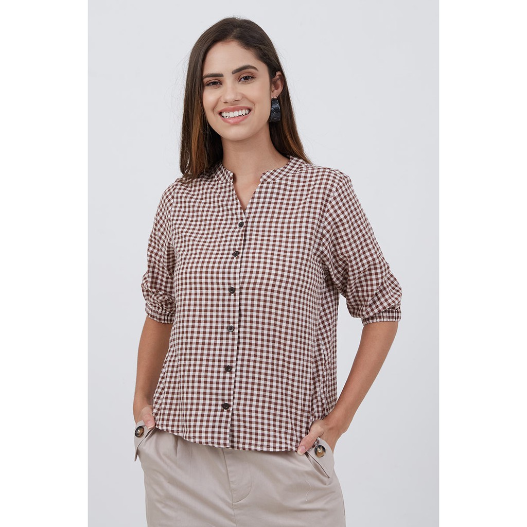 Sorabel - Sree Plaid Simple Blouse/ Kemeja Wanita Motif Kotak-kotak Collar Neck Lengan 3/4-1