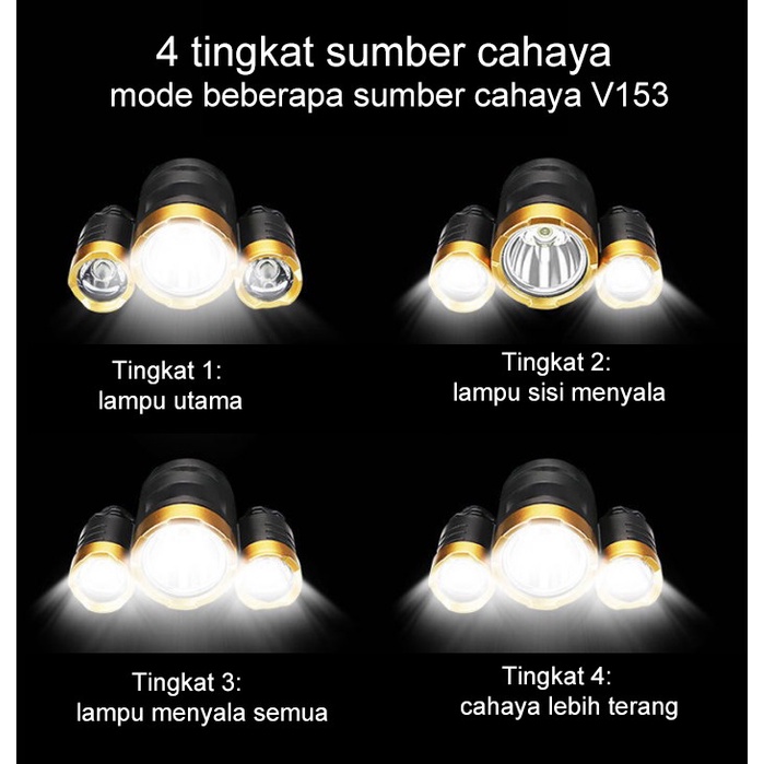 Senter LED lampu kepala senter camping 3 Lampu usb charge Super Terang / Senter Led Super Terang / Senter Led Kepala / Senter Led Kepala Super terang jarak jauh / Senter Kepala 5 LED Super Terang USB Rechangeable Waterproof Anti Air 45w 4Mode Cahaya Putih