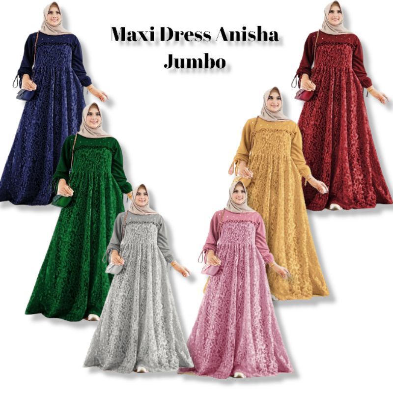 JUMBO MAXI DRESS ANISHA MOSCREPE KOMBI BROKAT LD 100-LD 140 5XL