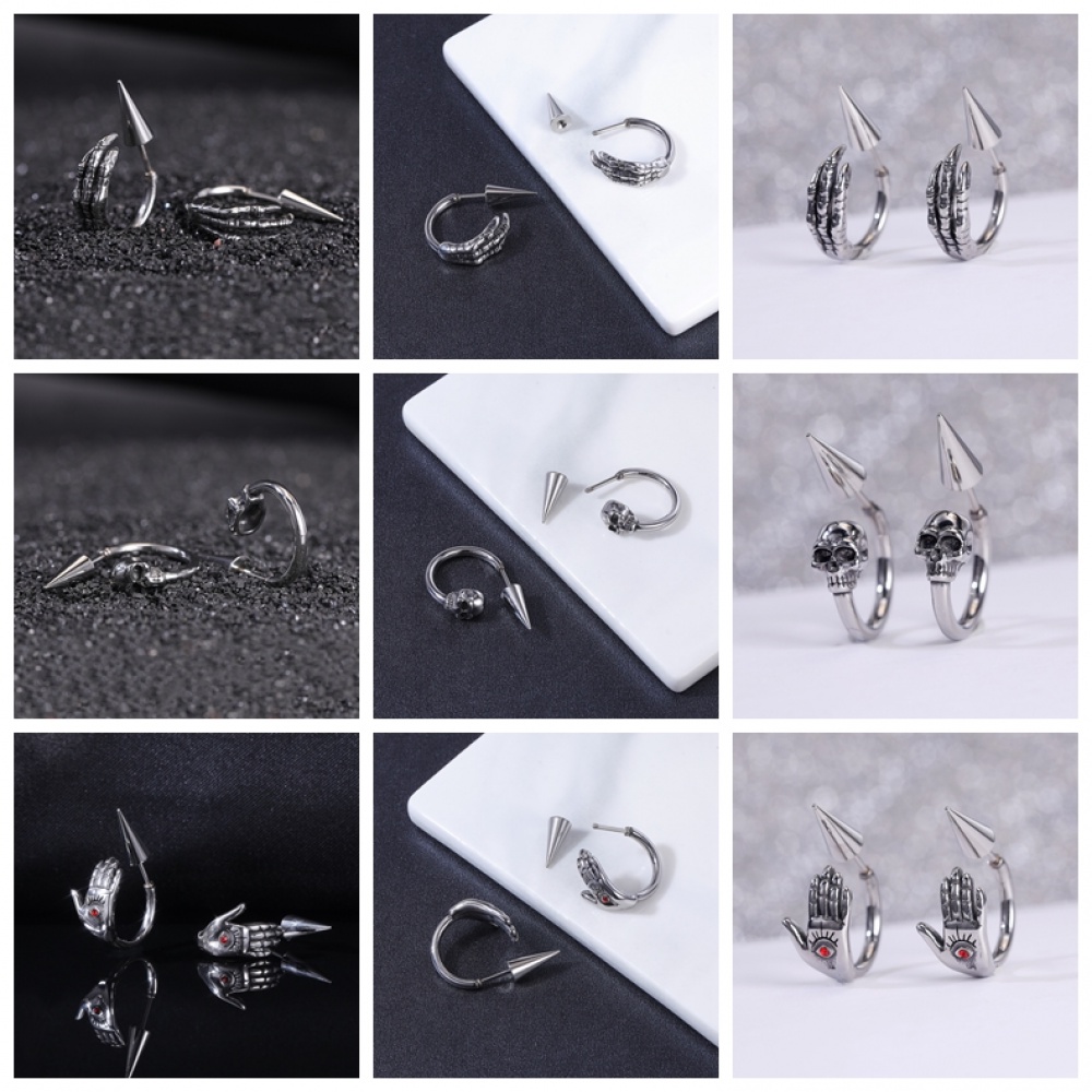 1 Pasang Anting Kait Desain Kepala Naga Tengkorak Ular Bahan Stainless Steel Gaya Punk Rock