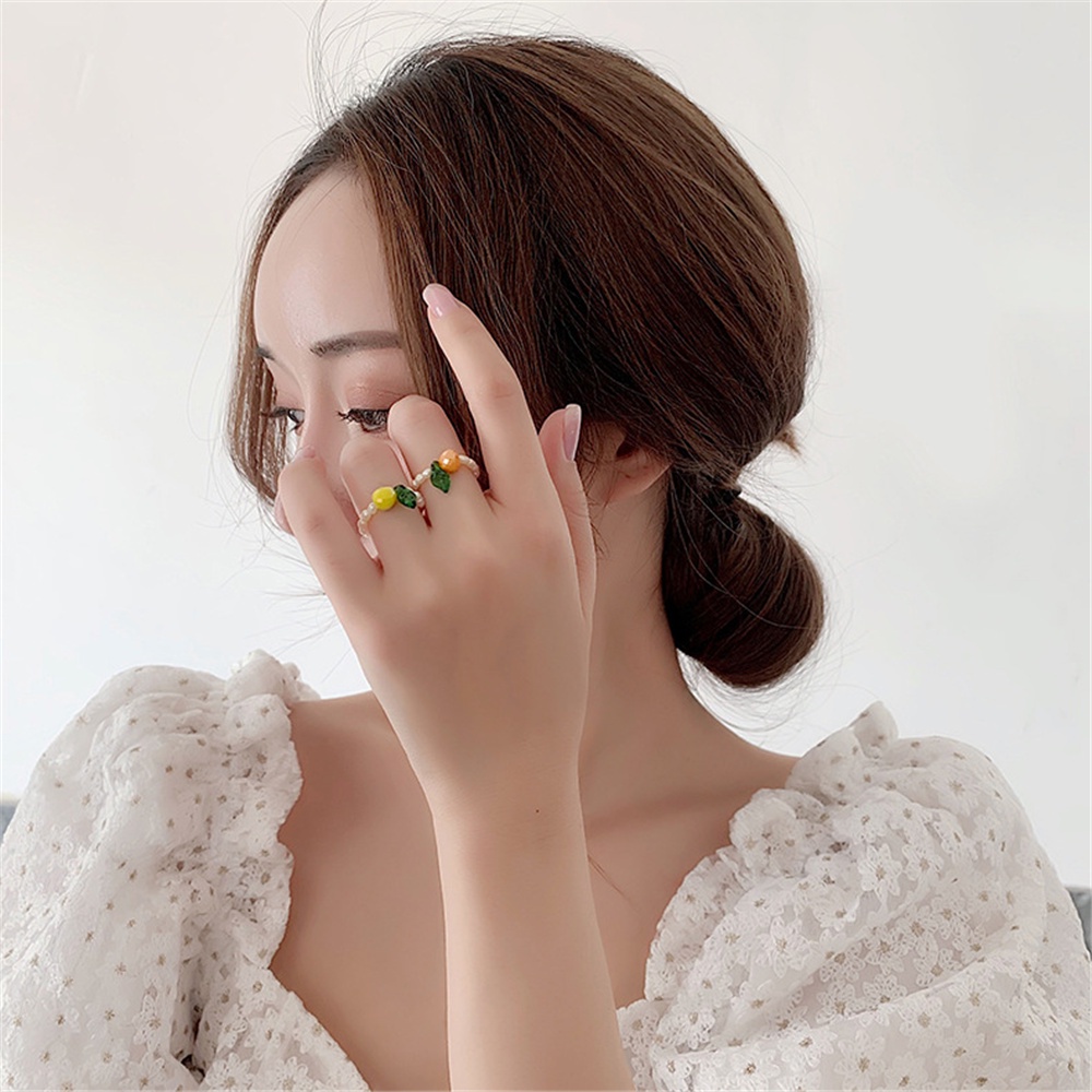 Korean Elasticity Finger Ring Freshwater Pearl Ring Adjustable Small Fresh Green Leaf Crystal Apple