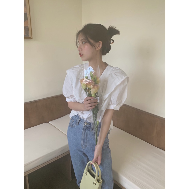 #Sisjuly# Kemeja Wanita Desain Baru Gelembung Wanita Lengan Pendek Atasan Tipis Gaya Hong Kong Pranc