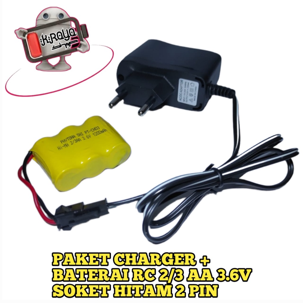 Charger RC + Baterai Remot Control 3x 2/3 AA Soket Hitam 3.6V-1200mAh