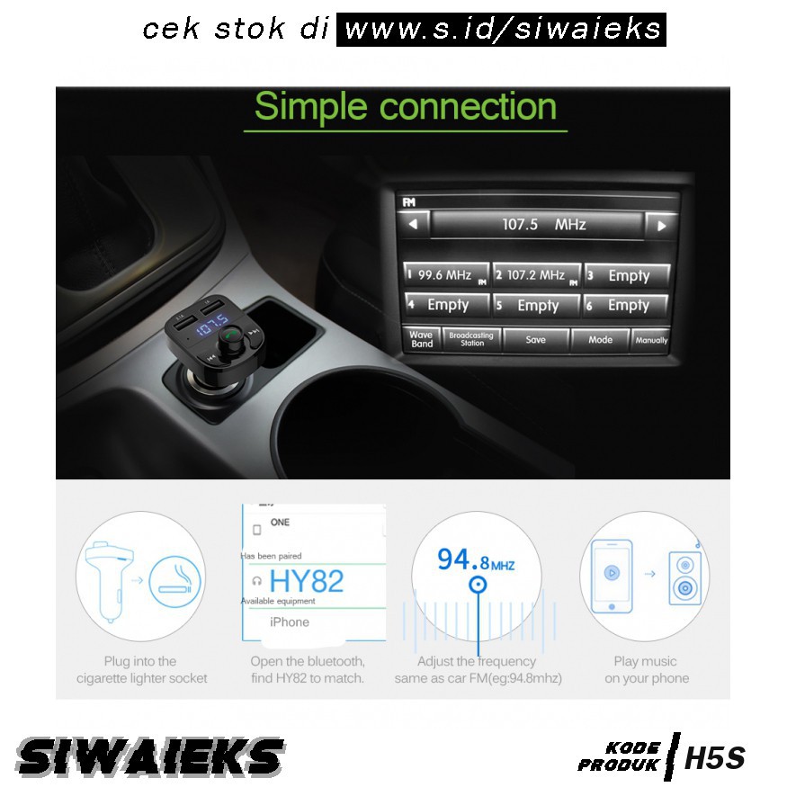 Grab Medan Bluetooth Audio Receiver FM Transmitter Handsfree with USB Car Charger H5S HY-82 Bla