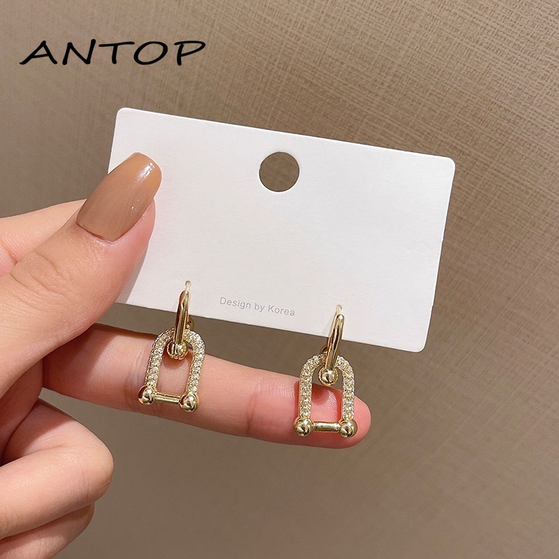 Fashion Bertatahkan Zirkon Berbentuk U Anting-Anting Emas Cincin Ganda Saling Geometris Dilepas Retro Telinga Stud Minoritas Perhiasan Untuk Wanita ANTOP