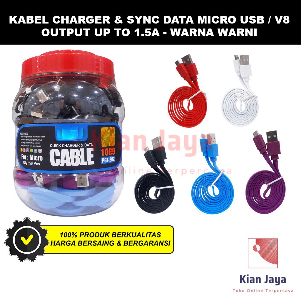 PGT202 - Kabel Charger &amp; Sync Data Cable Charge Micro USB V8 Original 1.5A Warna Original