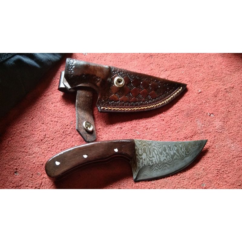 PISAU COSTUM BAJA DAMASKUS SARUNG KULIT ASLI PREMIUM FULLTANG SIAP PAKAI SUPER TAJAM