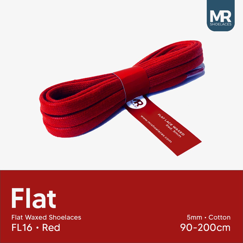 MR Shoelaces FL16 Red Merah - Tali Sepatu Lilin 5mm Gepeng Flat Pipih (Waxed Laces) 90cm 100cm 120cm 150cm