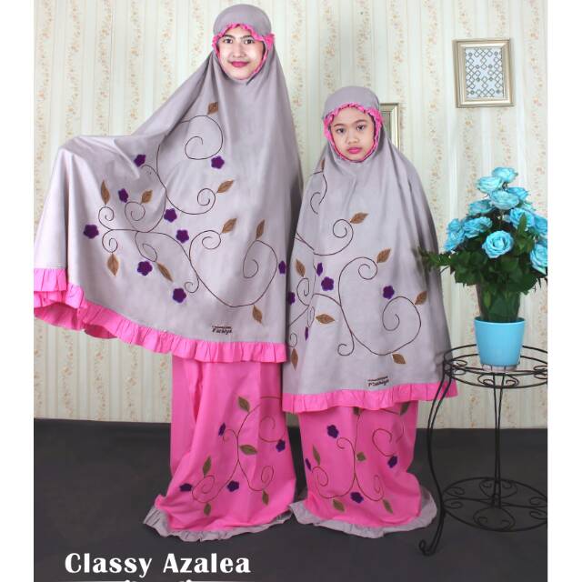 Mukena fathiya cantik ibu dan anak kembar merah abu-abu murah kualitas bagus