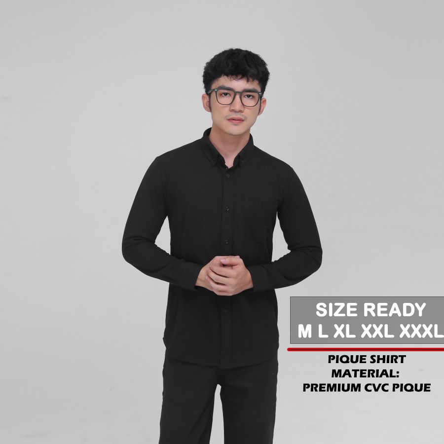ForStylezone Baju Kemeja Pique Lengan Panjang Casual Kantor Formal Pria Hitam Polos / Kemeja Cowok B