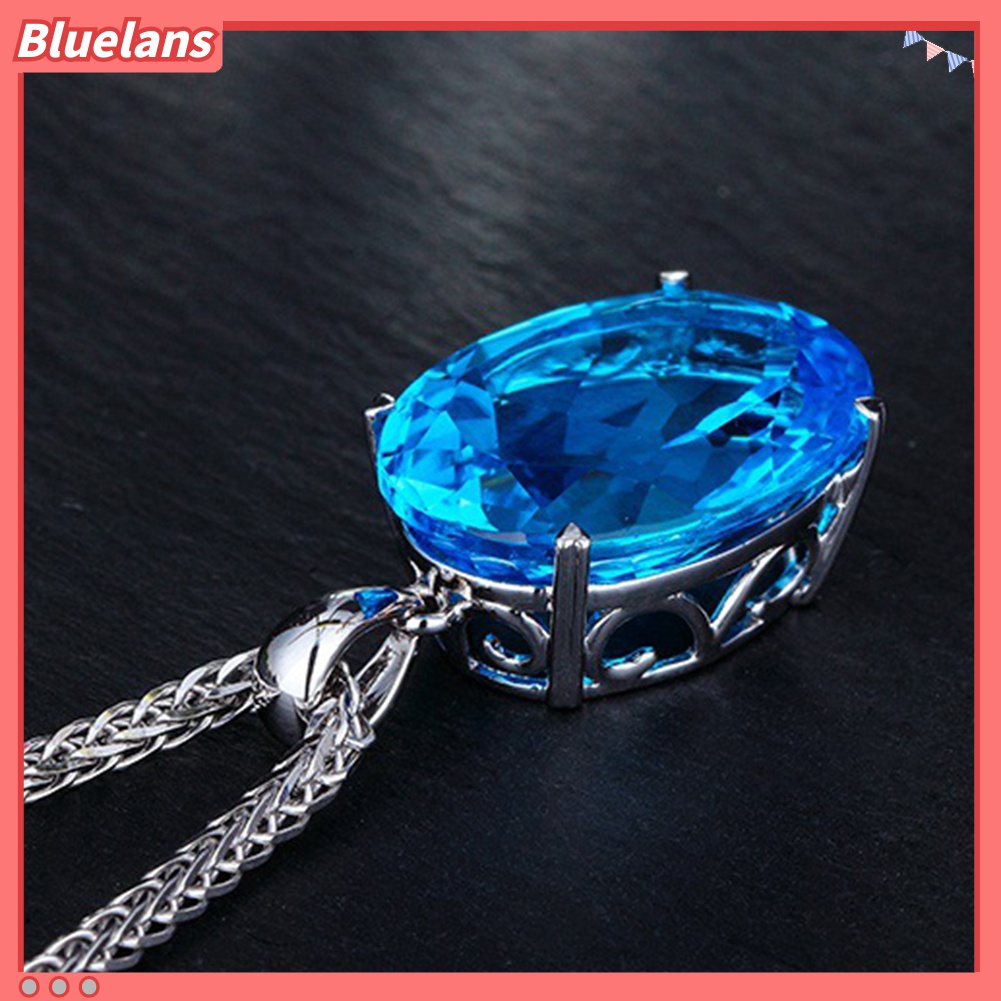 Kalung Rantai Liontin Berlian Imitasi Biru Besar Gaya Simple Elegan Untuk Wanita