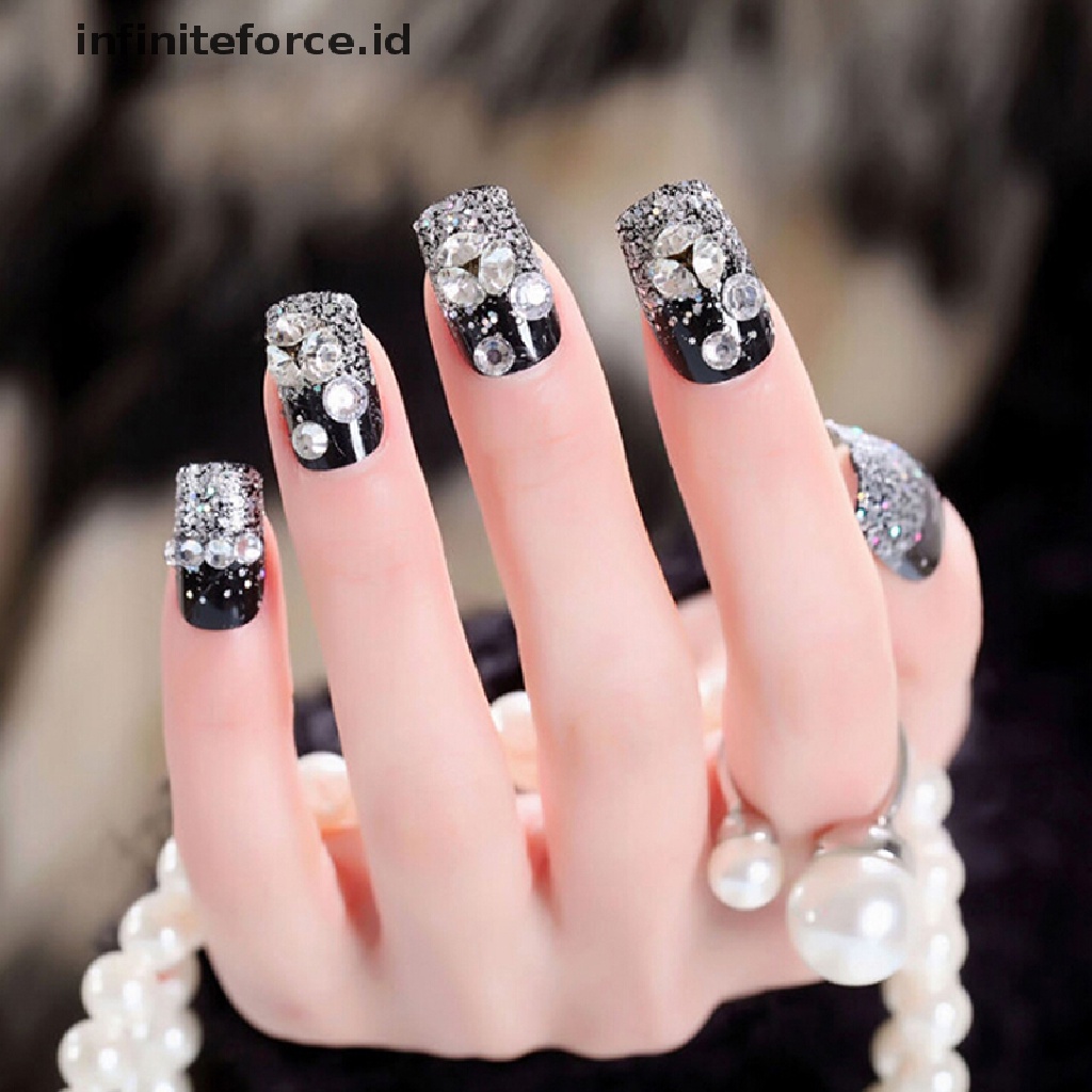 Infiniteforce.id 24pcs / Set Kuku Palsu Full Cover Warna Hitam Untuk Nail Art