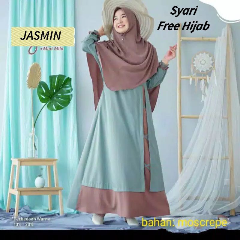 Baju Gamis Dress Syari Busui Wanita Muslim Free Plus Hijab Khimar Kerudung Ukuran S M L XL JASMIN Po
