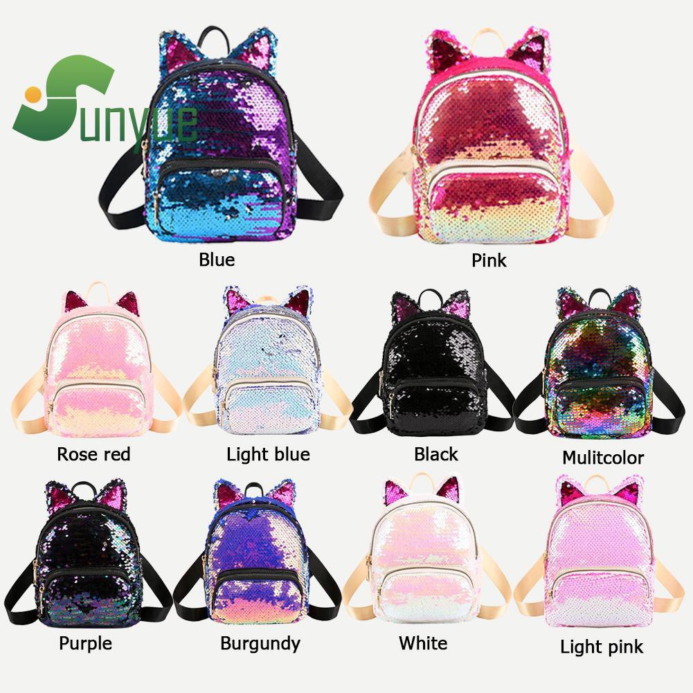 Tas Ransel Wanita Motif Sequin Kucing Lucu Ukuran Kecil Untuk