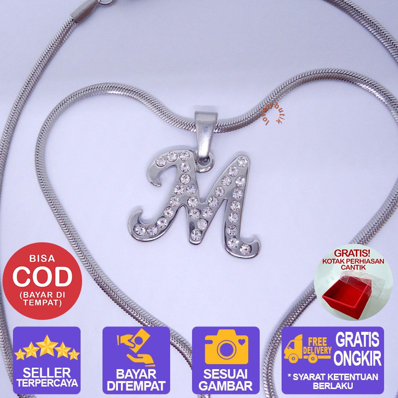 Lovelybutik Honey Kalung Huruf Titanium Anti Karat Inisial M Uk 45 cm BONUS KOTAK PERHIASAN