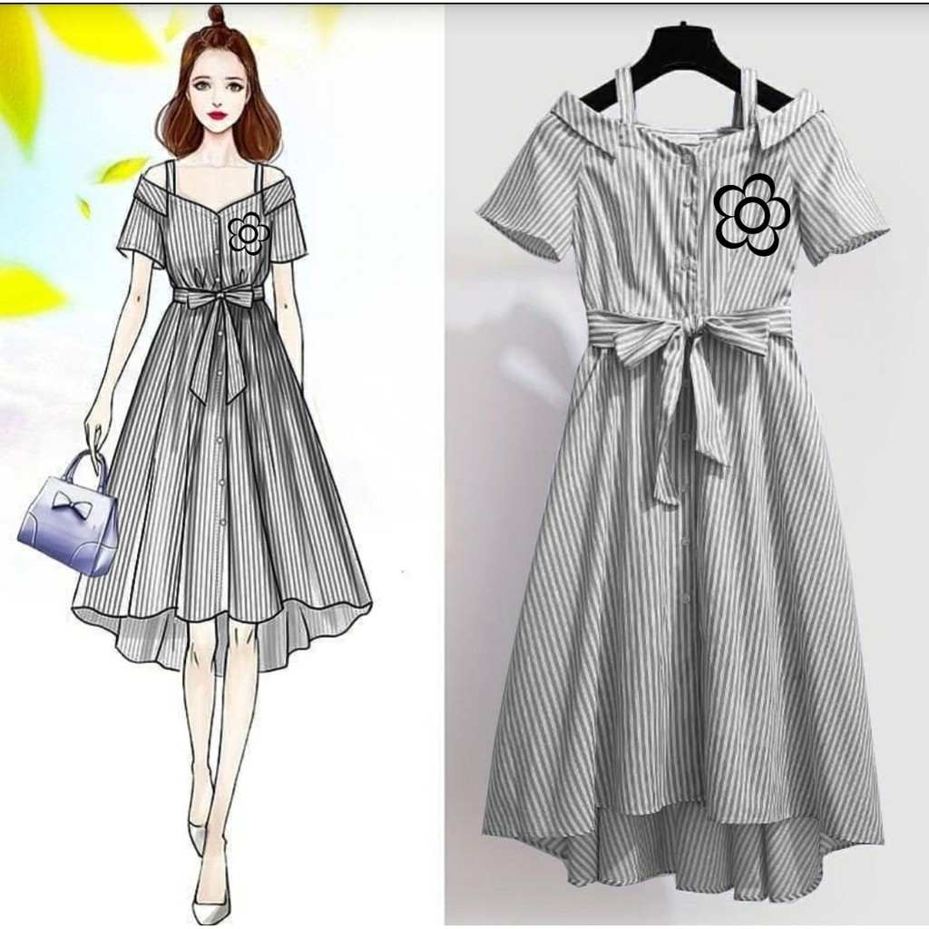 *[MCFK] Dress Stripe Flower Sabri Korea / Dress Wanita Korea / Dress / Casual Dress Wanita