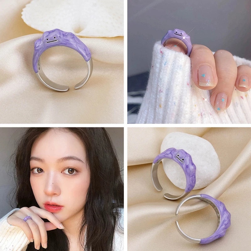 Cincin Model Terbuka Desain Wajah Tersenyum Warna Ungu Gaya Korea Untuk Pria Dan Wanita